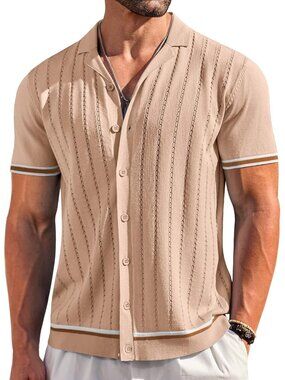 Men's Khaki Short Sleeve Knit Casual Button Down Vintage Striped Top Shirt